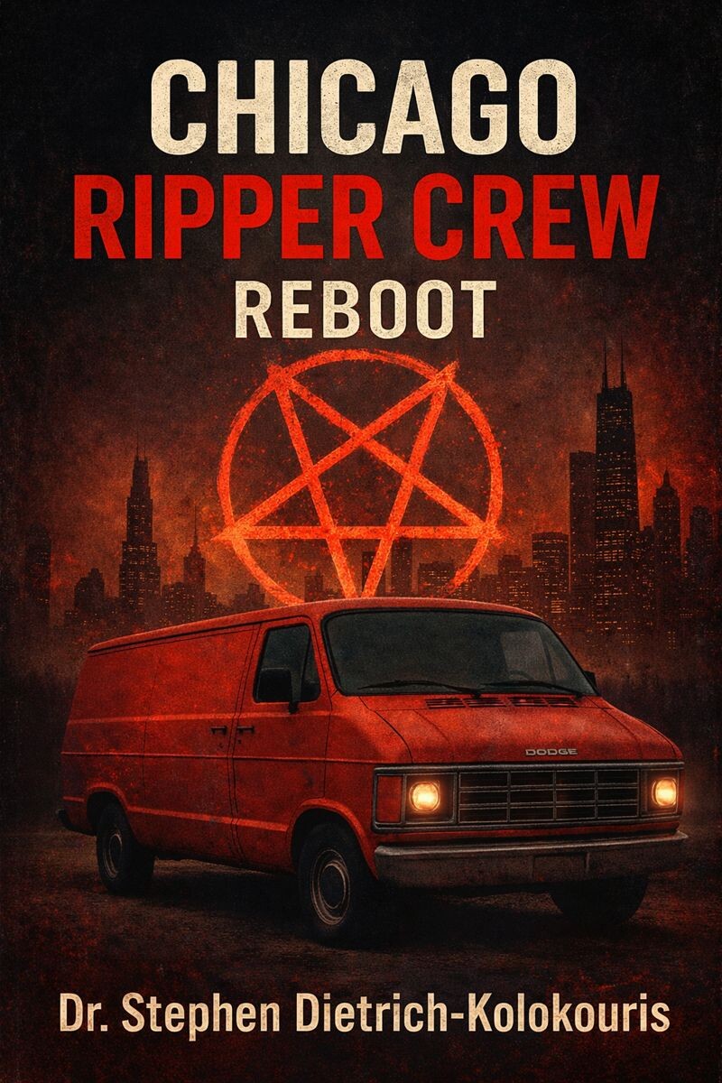 Chicago Ripper Crew: Reboot book cover, with a red van against the Chicago skyline